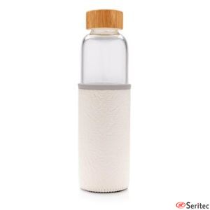 Botella publicitaria de vidrio de borosilicato con funda de PU texturizada